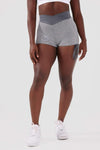 Close up girl wearing grey luna scrunch bum short hand on hip front