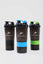 black, blue and green protein shaker bottle standing