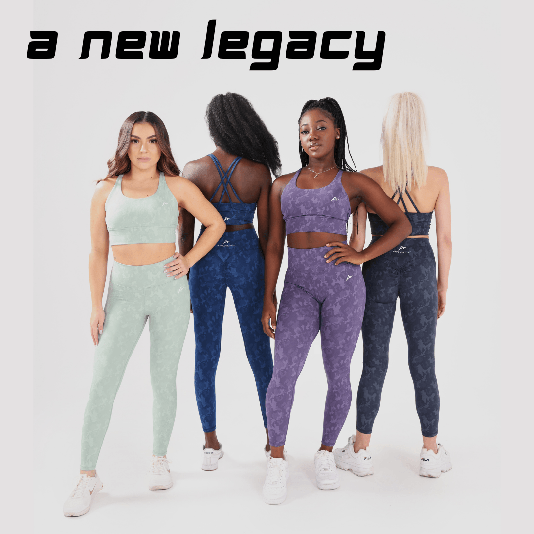 Group of girls standing next to one another some facing forwards some facing backwards, wearing legacy scrunch bum leggings and sports crop in mint, blue, purple, and charcoal
