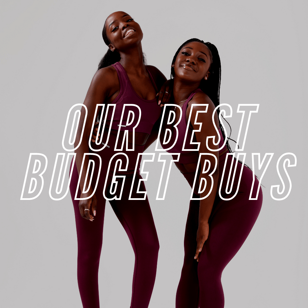 Two girls posing, smiling, wearing invictus seamless leggings and sports bra in plum purple, words 'our best budget buys' across the image