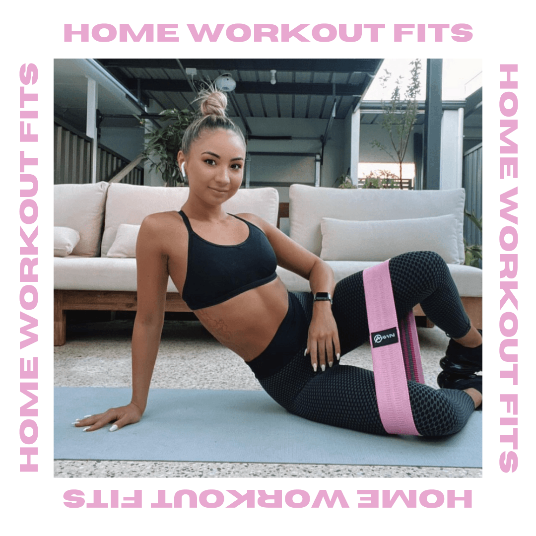 Girl using pink resistance band around thighs lying on yoga mat, the words 'home workout' repeated printed around the square image of the girl