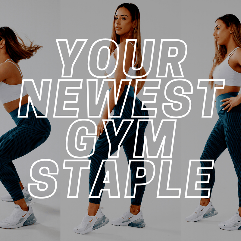 Three different shots of a girl wearing white crop top and luna seamless scrunch bum leggings in blue squatting, hand on hip, one hand on hip with the words 'your newest gym staple' across the image