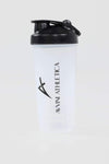 Clear shaker bottle with black lid and black Avvini Athletica logo