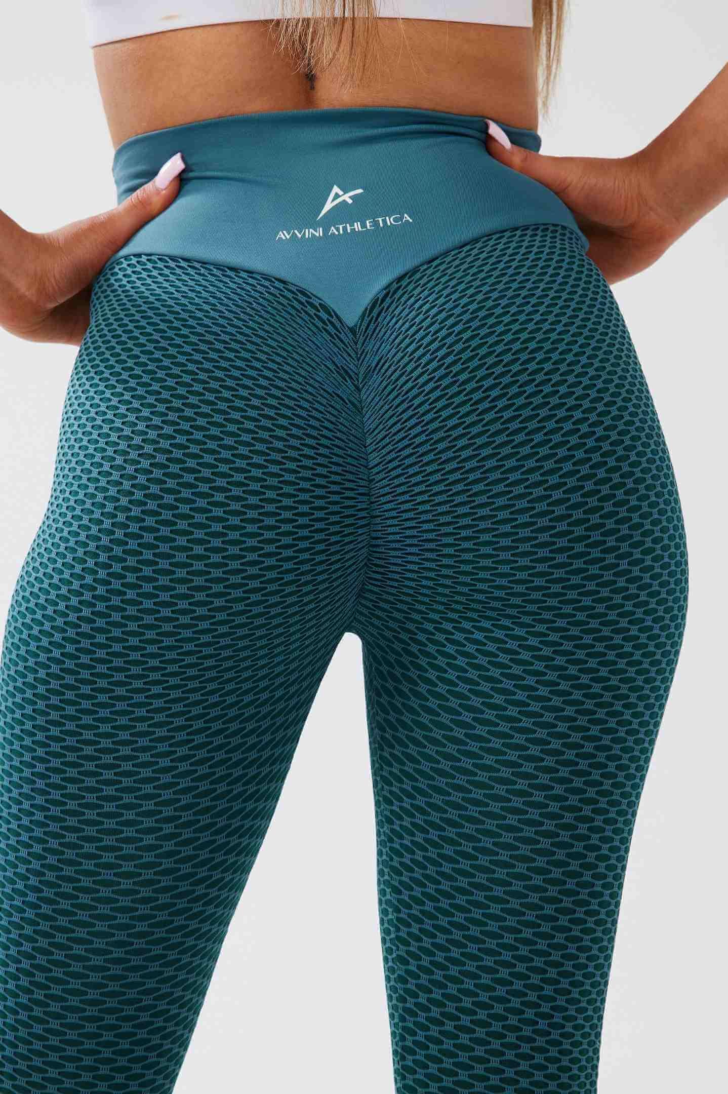 Close up girl wearing luna scrunch bum leggings in teal back