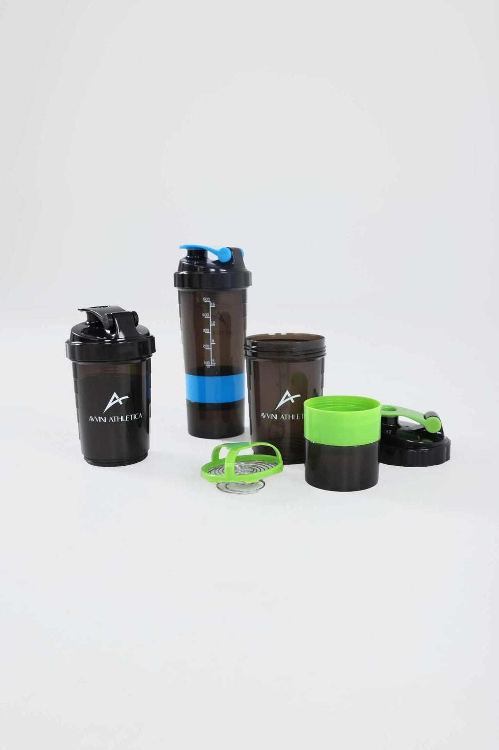 black, blue and green dismantled protein shaker bottles